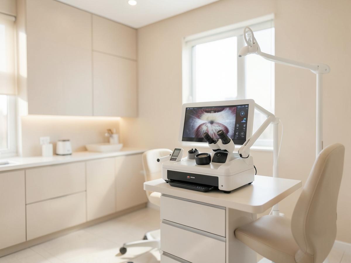Ruhiger Untersuchungsraum einer Augenklinik mit Diagnostikgerät